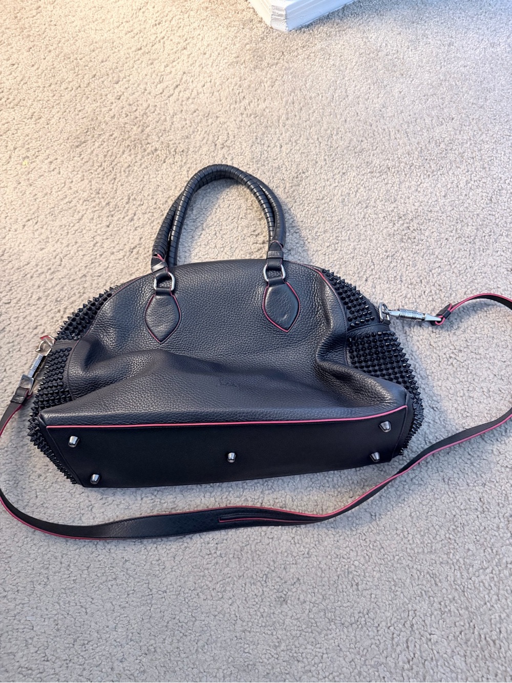 Christian Louboutin Black Leather Studded Dome Satchel with Pink Trim